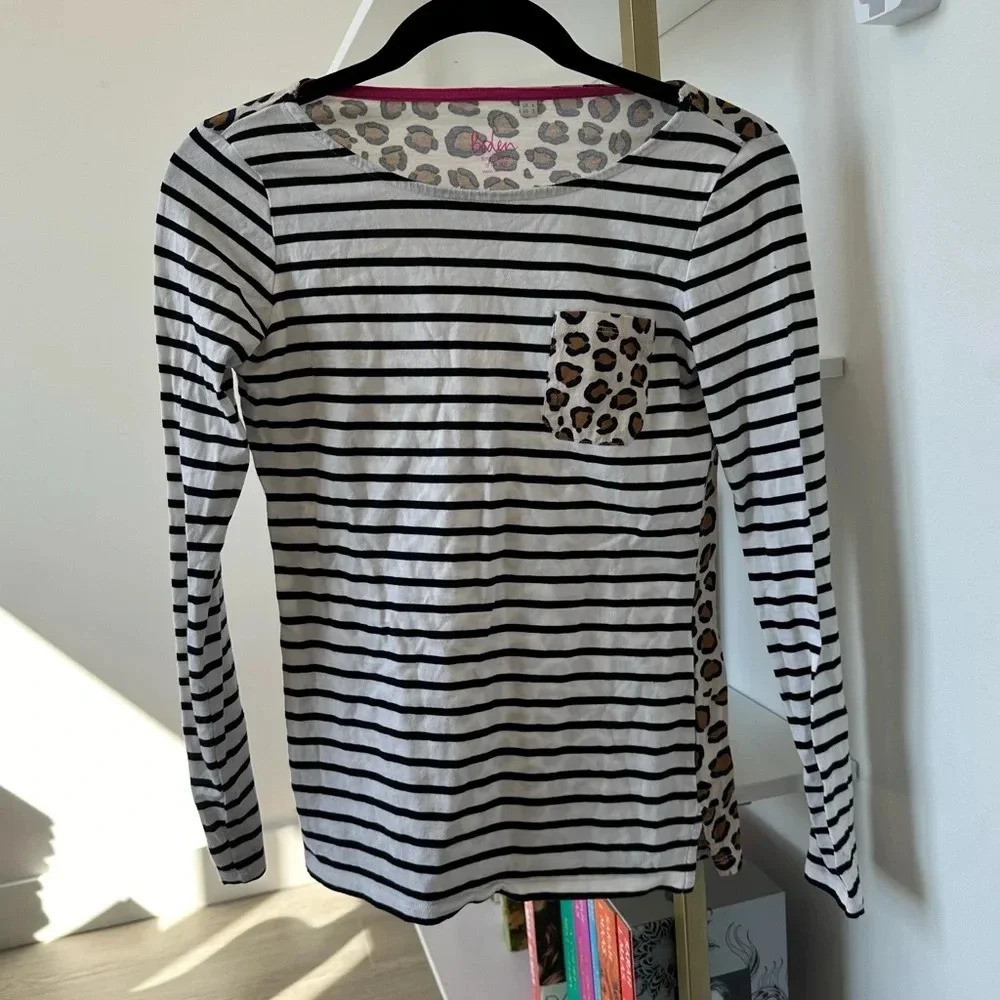 Boden Breton Stripe Leopard Print Pocket Long Sleeve Tee Size 2 - Picture 3 of 10